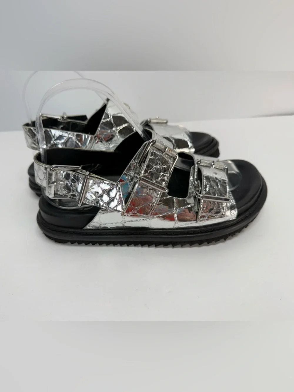 ZADIG & VOLTAIRE Silver reptile imprint Metallic Buckle Platform Sandals size 7 - Picture 6 of 9